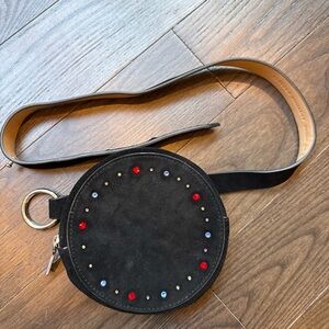 Rebecca Minkoff Black Suede Round Crossbody with Multicolor Crystal Studs